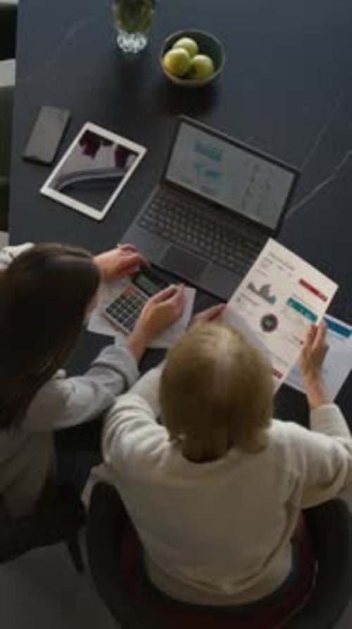 Young Woman Teaching Adult Mother Doing Taxes Vertical