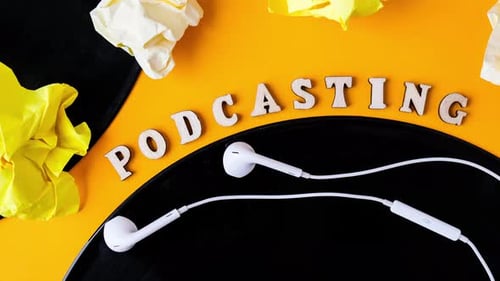 Zoom in Out Podcasting Lettering and Vinyl Record Album Headphones Crumpled Paper in Minimalistic