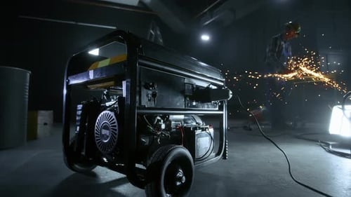 Black Mobile Gasoline Power Generator in a Dark Workshop