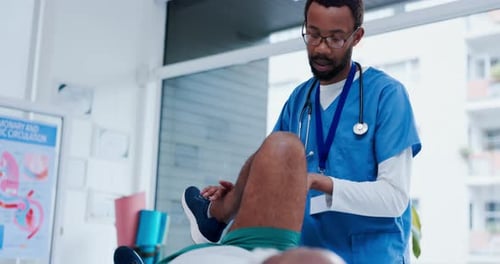 Physiotherapy, stretching legs or doctor with patient in hospital for body healing recovery