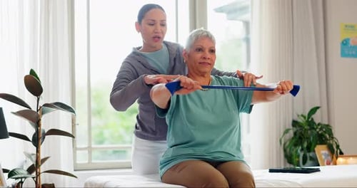 Physiotherapist, band or mature woman stretching to help in physical therapy for mobility