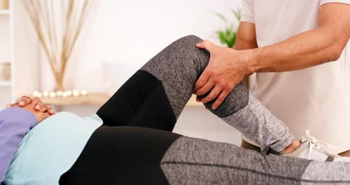 Man hands, physiotherapy or knee injury in healthcare clinic, body wellness