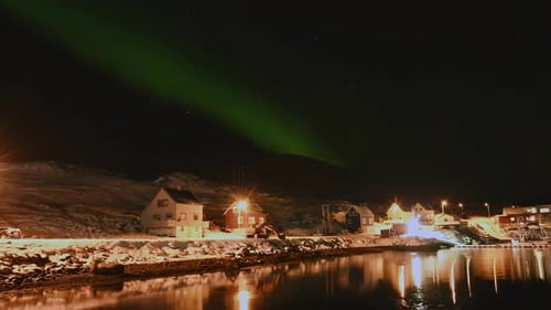 The Norwegian coast at night lit by the Northern Lights