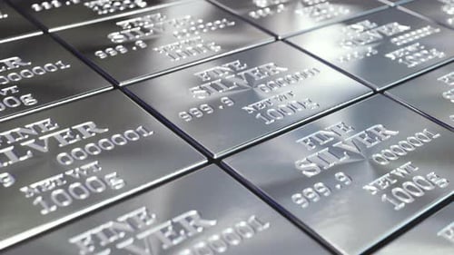 Silver Bars or Ingots in a Row and Stacks 3d Animation