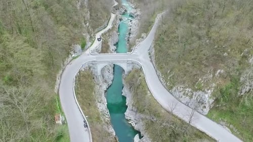 Flying over the bridge on Soca river. Slovenia