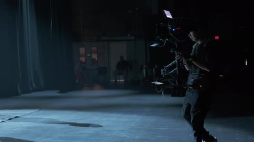 Professional Digital Cinema Camera with Set of Steadicam in Studio Background Wide Shot