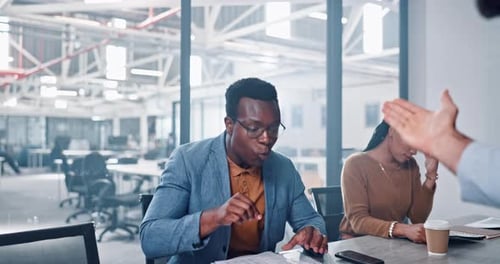 Team anger, frustrated or business people shout over corporate mistake, company fail