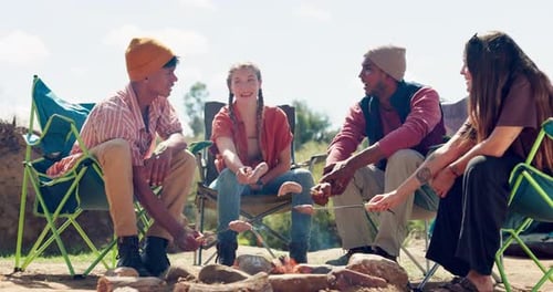 Fire, friends and camping in nature with food, picnic and people together on holiday