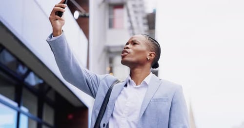 Man, phone and city with search for signal, connection or glitch on mobile network with stress