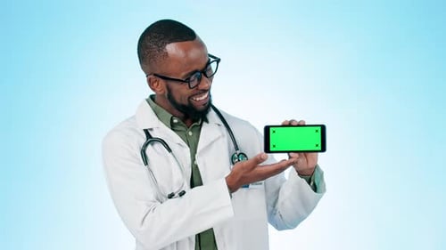 Face, doctor or green screen of cellphone in studio for advertising, results