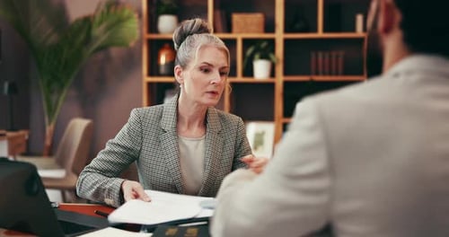 Documents, professional consultant and business people in office for discussion, meeting and advice