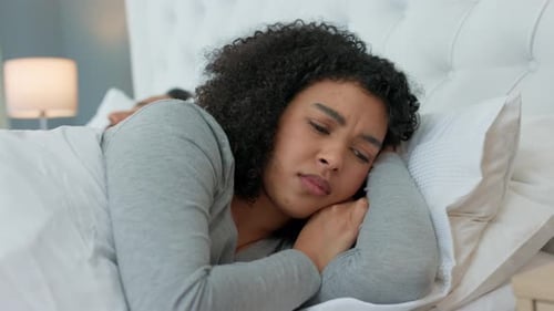 Woman, stress or frustrated with man in bedroom affair, infidelity or sexual date in house