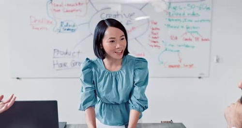 Presentation, meeting and business woman presenter with creative, startup ideas