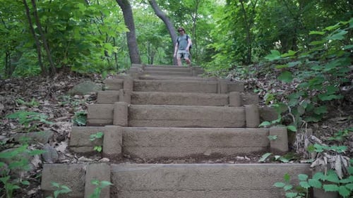 European tourist hiker walks down the wooden stairs following trail path, forest frees background l