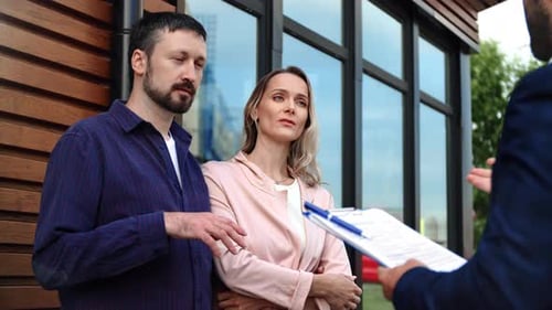 Couple Family Buying Countryside House Real Estate Discuss to Agent Mortgage Contract Deal Agreement