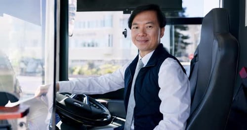 Bus driver, face and person with public transportation, commute and traffic