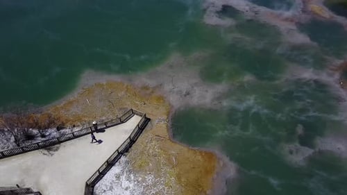Aerial shot of hot spring, natural steamy thermal basin - New Zealand, Rotorua, Kuirau Park. camera