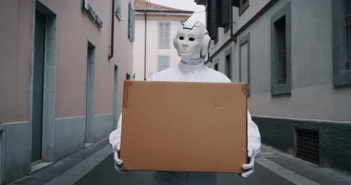 Slow motion of futuristic cyber robot is walking in a city center for pick up a parcel delivery on