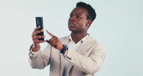 Phone, signal and black man in studio with no connection, network service and mobile problem