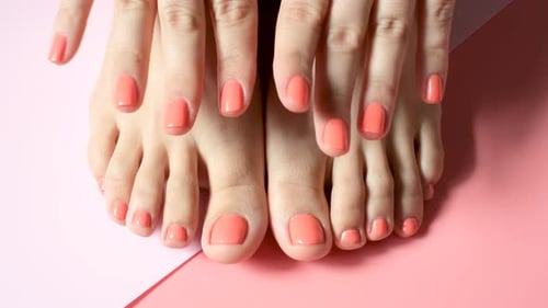 Female hands and feet with manicure and pedicure on pink background close up, top view.