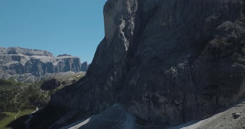 Aerial view of Sassolungo mountain on the Dolomites in Trentino, Italy.