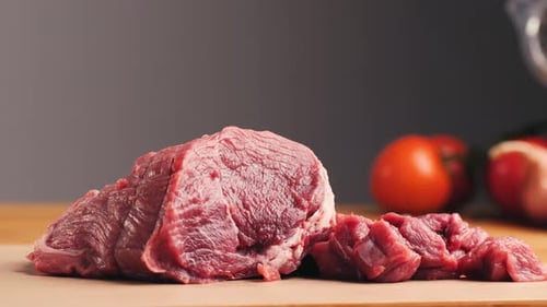 Man Cut Meat Steak Beef Pork Neck Cooking Cook Butcher The Chef Cuts the Meat for Cooking Neck