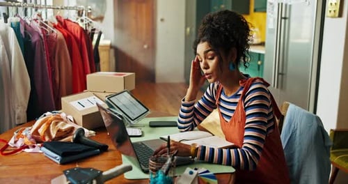 Delivery, tired or woman on laptop with stress for small business, website orders