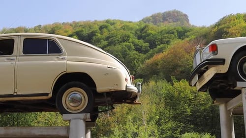 Vintage Cars Display On Elevated Platform In Nagorno-Karabakh. -slider shot
