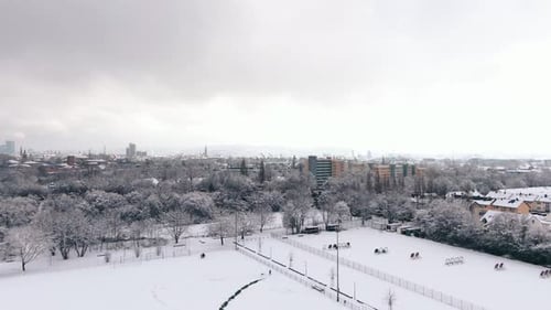 Mysterious City covered in snow, European city covered with snow. Industrial city covered with snow