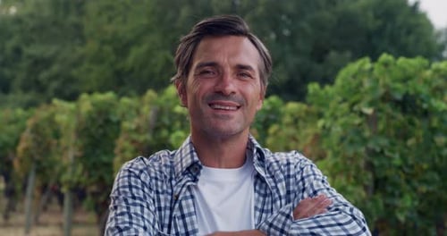 Middle Aged Man Crossing his Arms While Posing in a Green Vineyard
