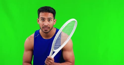 Fitness, green screen and portrait of man with tennis racket ready for game