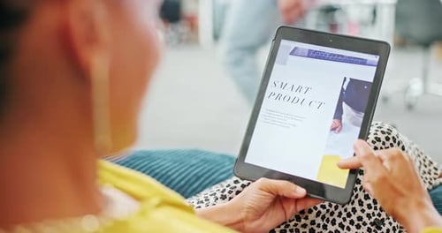 Tablet, website and woman scroll screen for smart product, business information