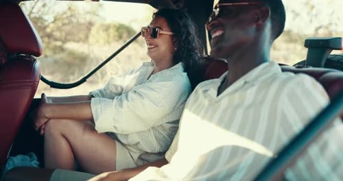 Friends, people and happy on backseat of car for road trip, travel adventure and holiday journey