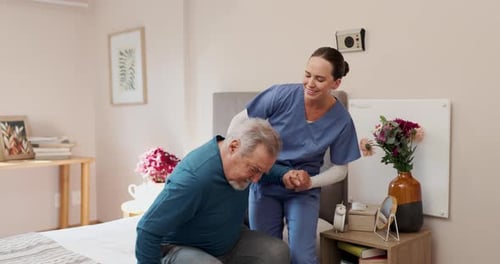 Senior man, nurse and support with healthcare professional for assistance