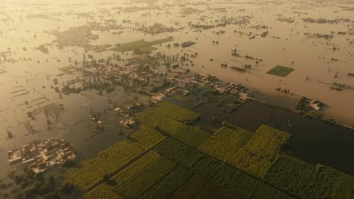 Aerial view of Flood covering Punjab, Pakistan, destroying agriculture and houses in 2025
