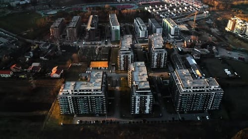 Aerial cityscape view of a luxury apartment complex, residential designed buildings