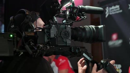 Professional Digital Cinema Camera with Set of System at Shooting Event Close Up