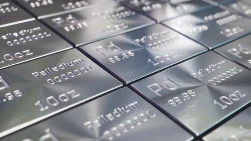 Palladium Bars or Ingots in a Row and Stacks 3d Animation