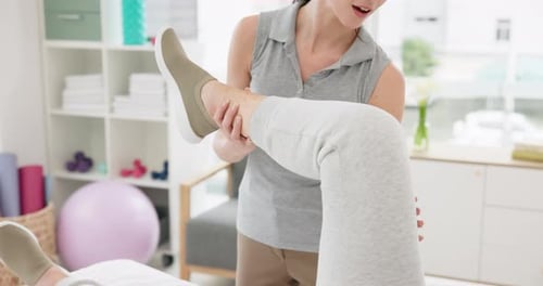 Physiotherapy, stretching and medical training for patient with an injury for recovery as therapy