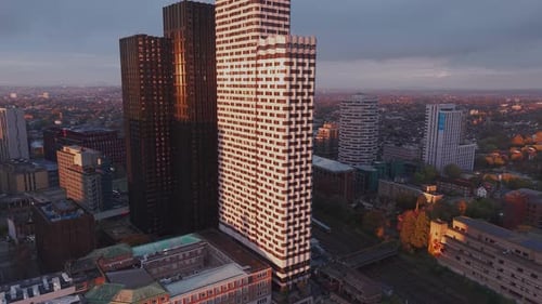 Croydon high rise towers and cityscape aerial view sunlit illuminated by evening sunset
