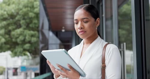 Online, tablet and business woman in city for website, typing email and connection in urban town