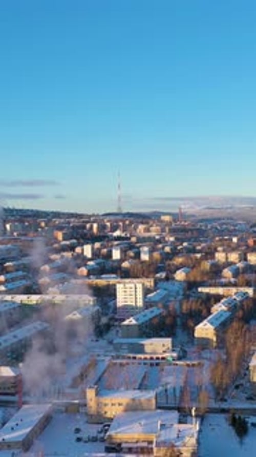Zlatoust City on a Winter Sunny Day Aerial View Russia Vertical Video