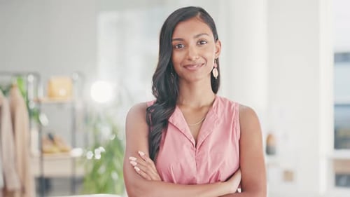 Happy, smile and business woman in office for management in fashion and design agency