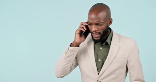 Business, stress and black man on phone call in studio for bad review, results