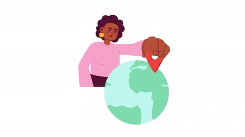 Black female choosing place to travel on globe 2D animation