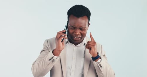 Phone call, signal problem and black man in studio with connection, network service