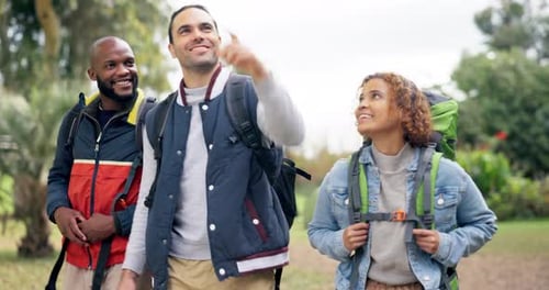 Hiking, pointing and group in nature with view and walking on travel and holiday