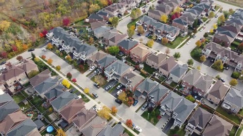 Residential neighborhood in suburbs of Toronto in autumn season, aerial drone view
