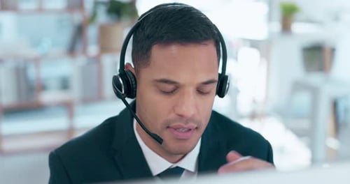 Businessman, call center and headache in frustration consulting in customer service