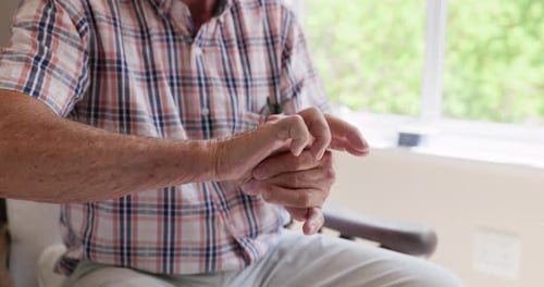 Senior man, closeup or hands with pain, injury and orthopedic issue at home alone